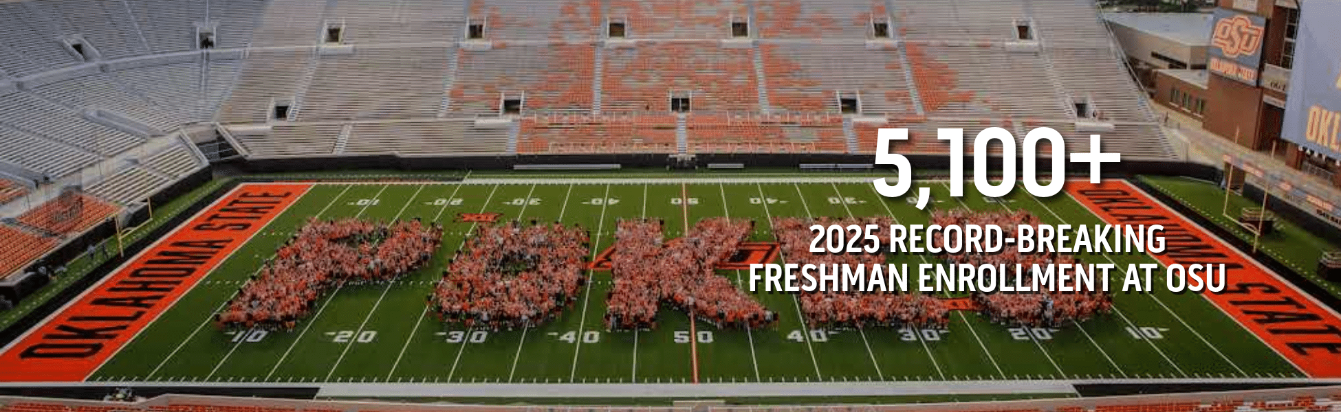 Aerial view of a football stadium with hundreds of students forming the letters 'OSU' on the field to accompany an enrollment announcement of 5,100+ freshmen at OSU.