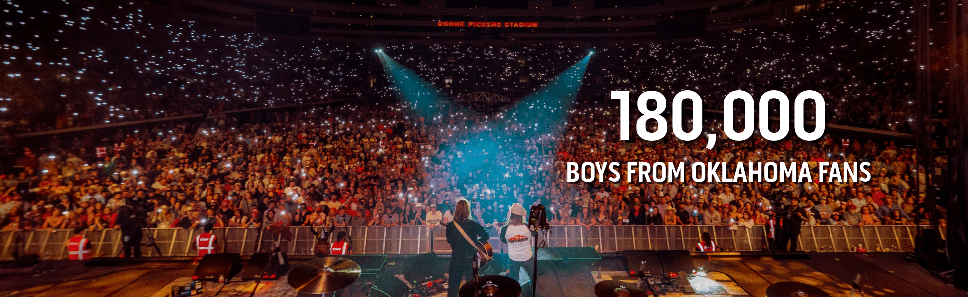 Crowd of thousands at a stadium concert, phones glowing in the audience, with two musicians on stage and large text to the right reading '180,000 BOYS FROM OKLAHOMA FANS'.