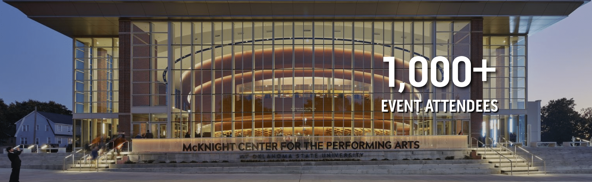 Exterior view of the McKnight Center for the Performing Arts at Oklahoma State University with a large '1,000+ EVENT ATTENDEES' overlay across the glass facade at dusk/early evening.